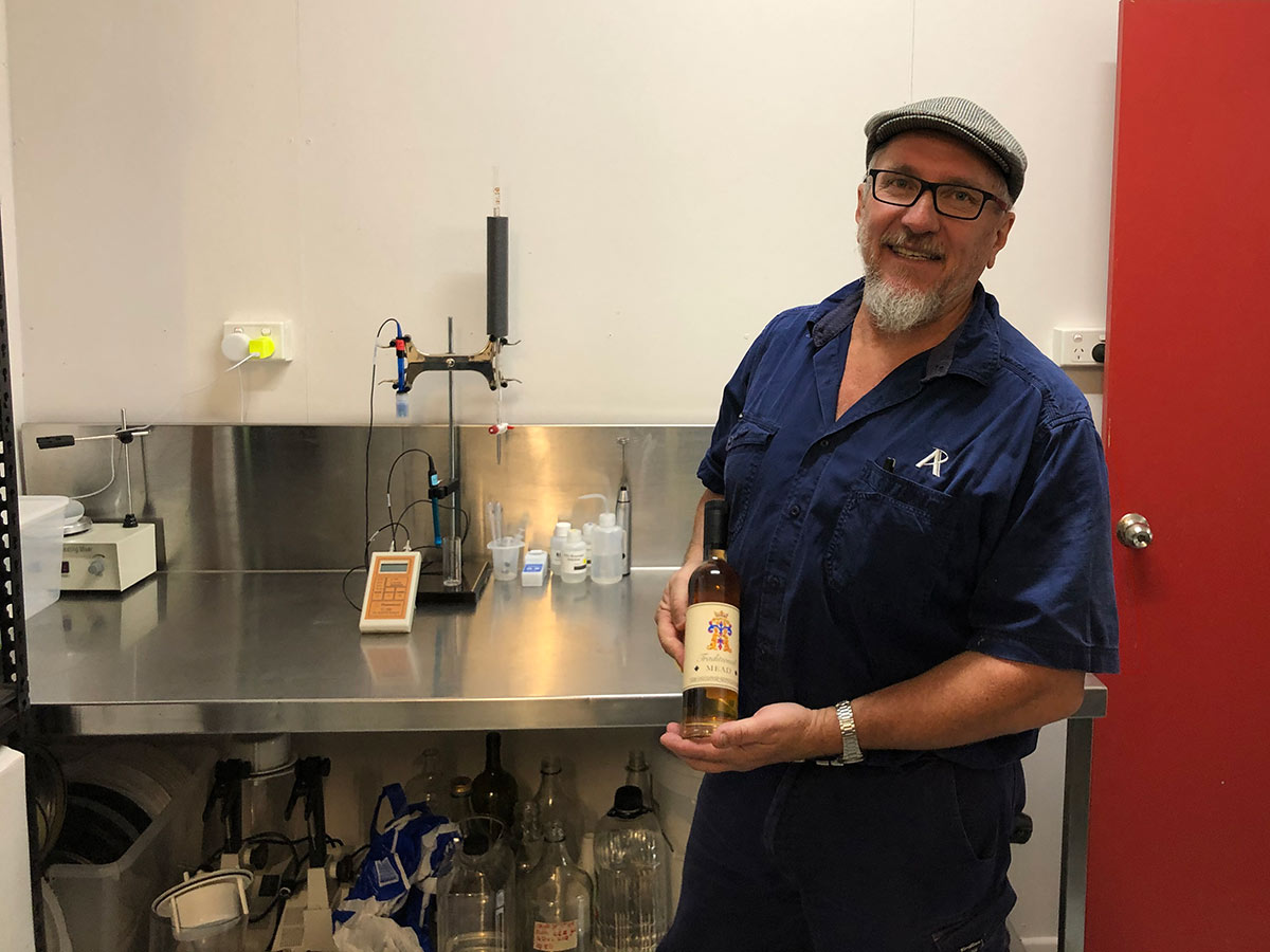 Andy with the first bottle of Abbey 2020 Mead